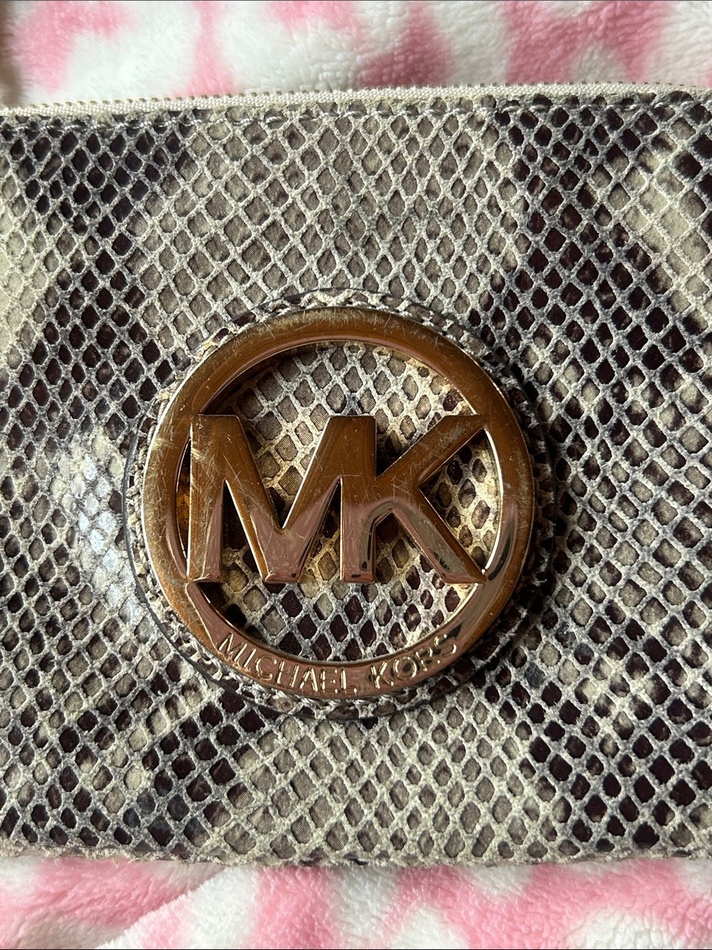 Michael Kors Olive Snake-Print Wristlet with Gold MK Logo - Picture 2 of 5